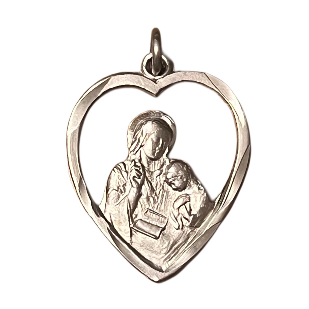 Vintage Virgin Mary Baby Jesus Heart Pendant Silver Tone Religious Catholic